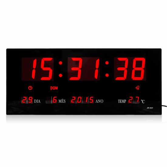 Relógio De Parede Led Digital 36cm x 15cm Com Termômetro Alarme Calendário e Botões de Ajuste traseiro Relógio De Parede Led Digital 36cm x 15cm Com Termômetro Alarme Calendário e Botões de Ajuste traseiro
