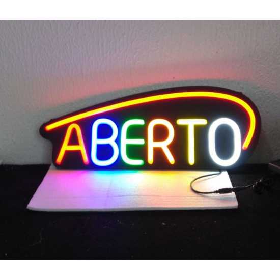 Placa Neon Flex 53cm x 20cm Aberto Letreiro Luminoso