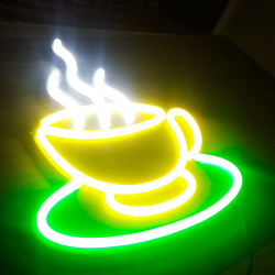 Placa Neon Flex 53cm x 49cm Xícara de Café Quente Letreiro Luminoso