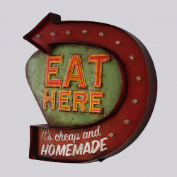 Luminária De Parede Vintage Placa de Led EAT HERE para Decoração Retrô 
