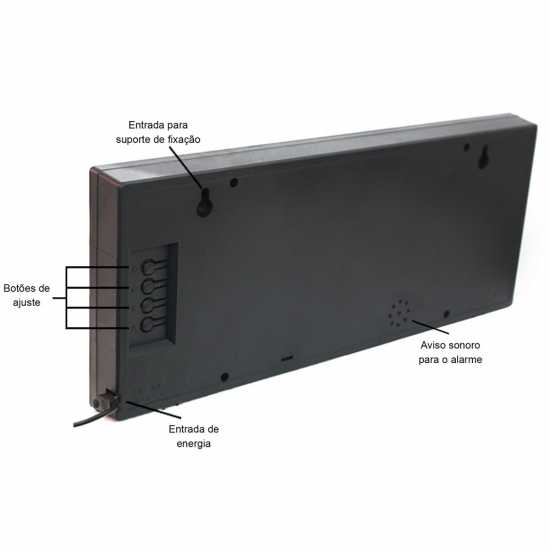 Relógio De Parede Led Digital 36cm x 15cm Com Termômetro Alarme Calendário e Botões de Ajuste traseiro Relógio De Parede Led Digital 36cm x 15cm Com Termômetro Alarme Calendário e Botões de Ajuste traseiro